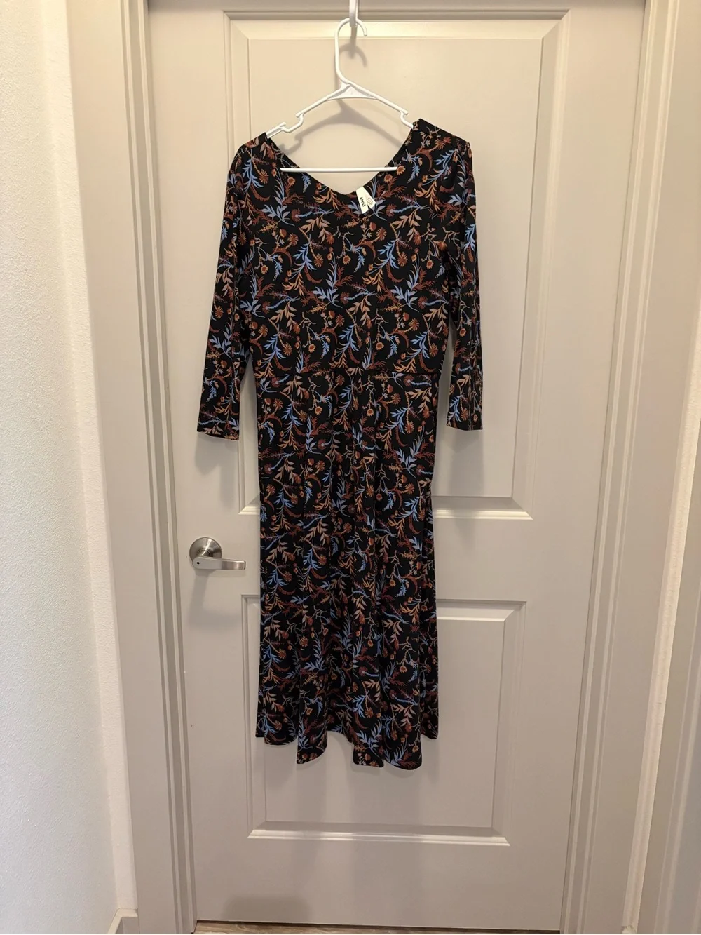 Pact Black Maxi Dress with Blue and Tan Floral Print Organic Cotton NWOT Size L